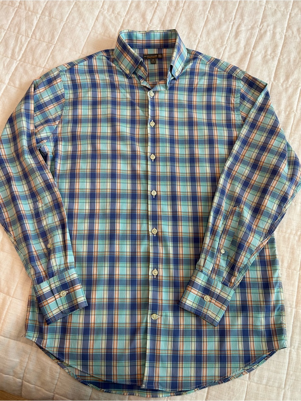 Peter Millar Men's Blue & Teal Plaid Button-Down Shirt EUC
